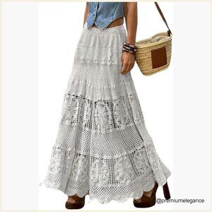 Maxi A-Line Skirt with Floral Lace Crochet Knit, Elastic Waist, Boho Style